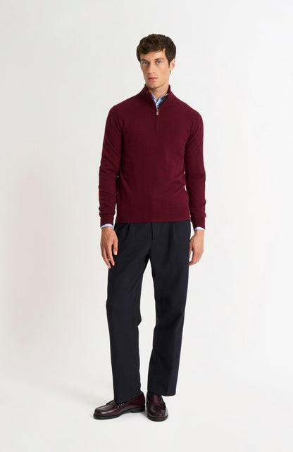 Pringle of Scotland Men’s Cashmere Qtr Zip Jumper In Burgundy on standing model