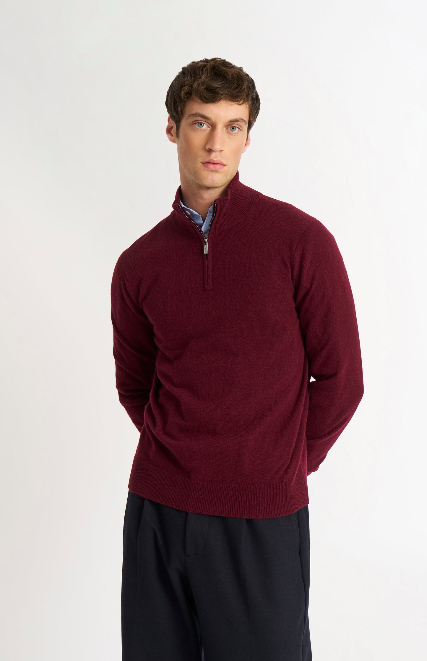 Pringle of Scotland Men’s Cashmere Qtr Zip Jumper In Burgundy on model