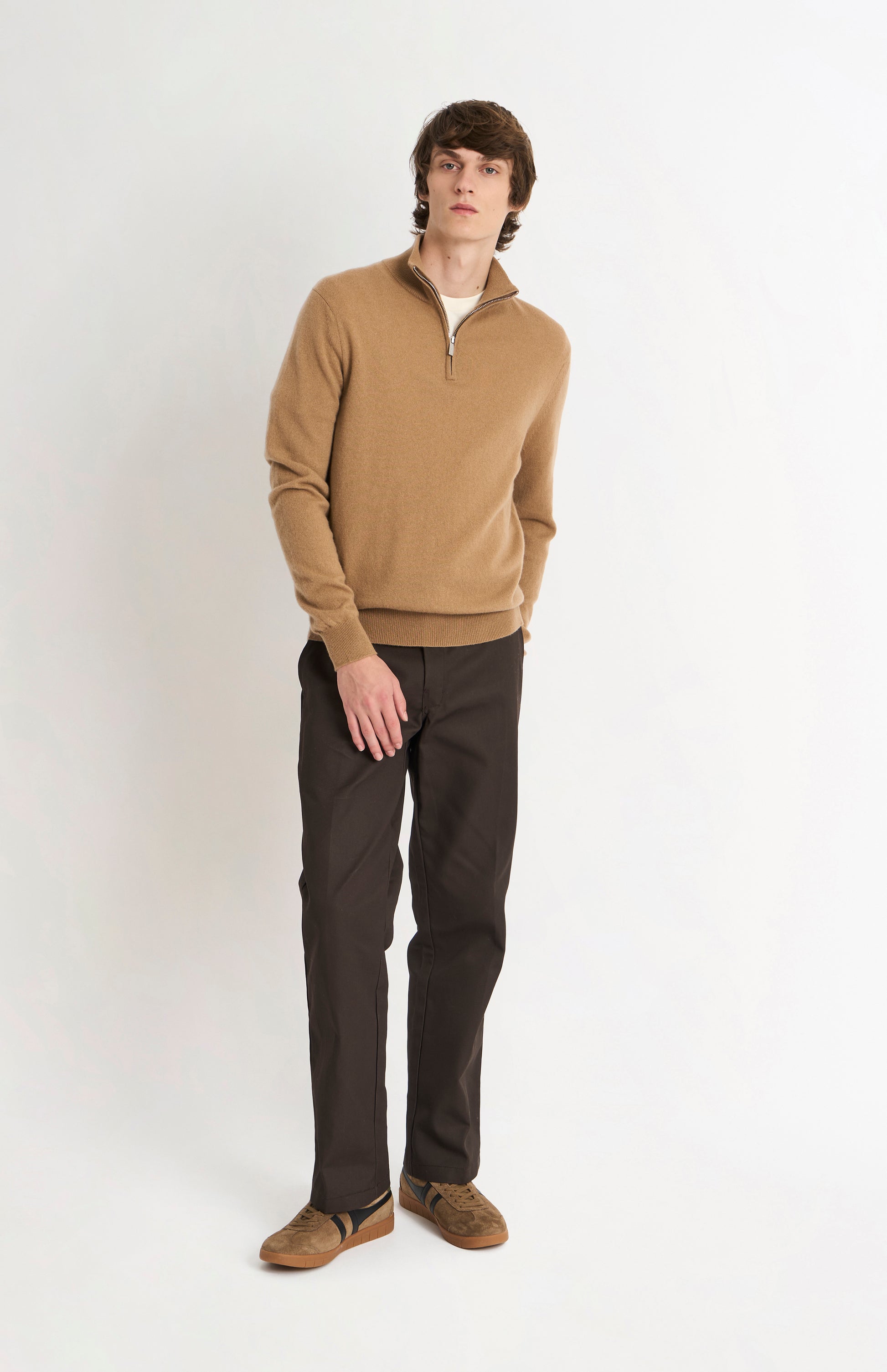 Pringle of Scotland Men’s Cashmere Qtr Zip Jumper In Camel on standing model