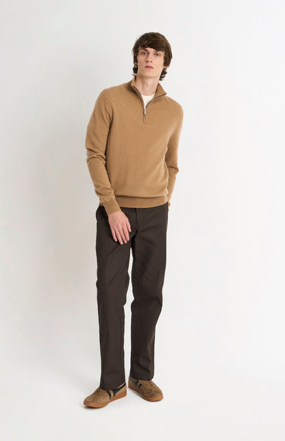 Pringle of Scotland Men’s Cashmere Qtr Zip Jumper In Camel on standing model