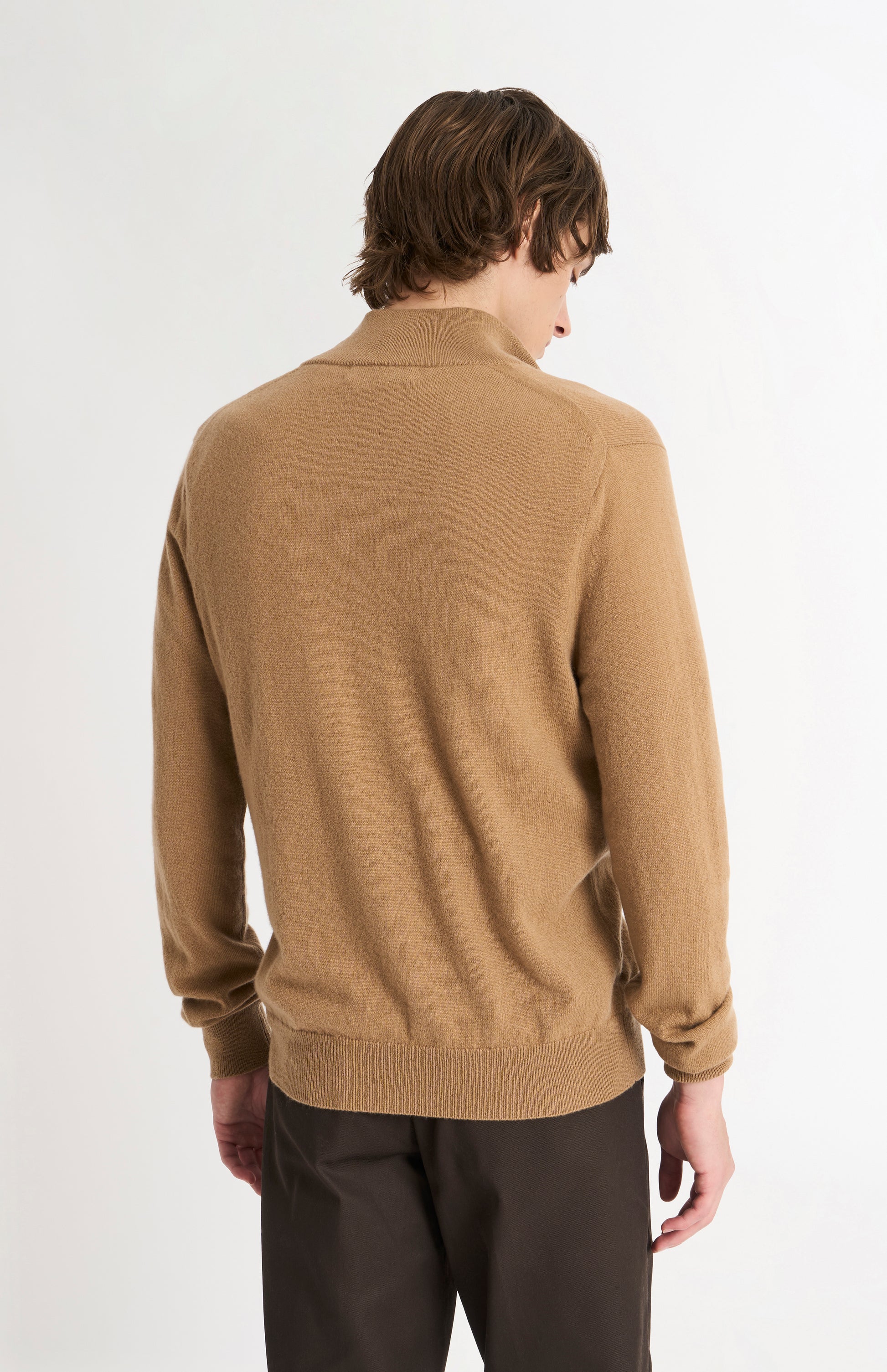 Pringle of Scotland Men’s Cashmere Qtr Zip Jumper In Camel rear view