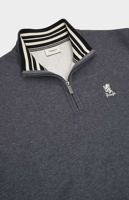 Pringle of Scotland Men's Qtr Zip Track Jumper In Charcoal Melange neck detail with house stripe
