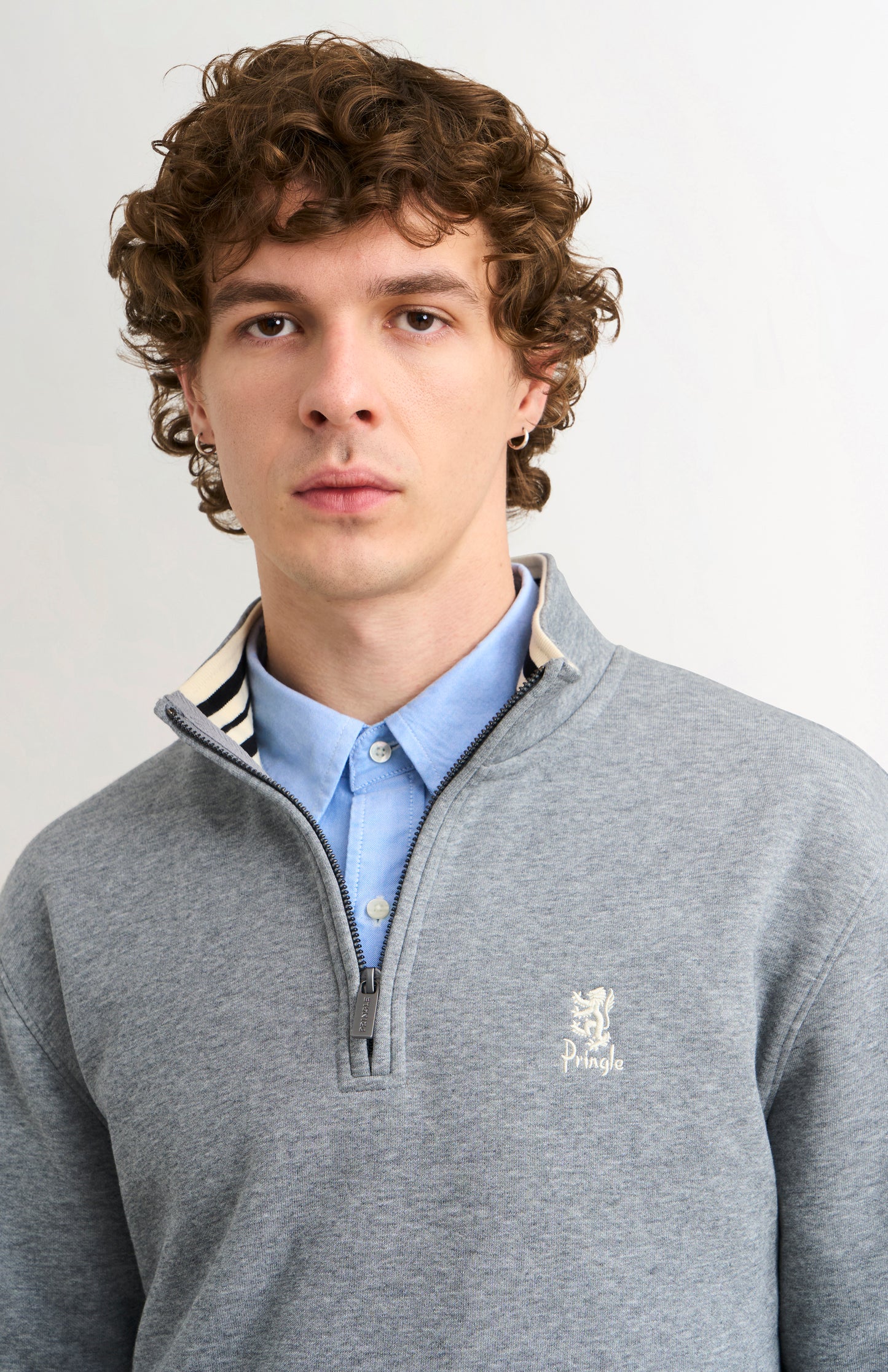 Pringle of Scotland Men's Qtr Zip Track Jumper In Grey Melange zip and neck detail