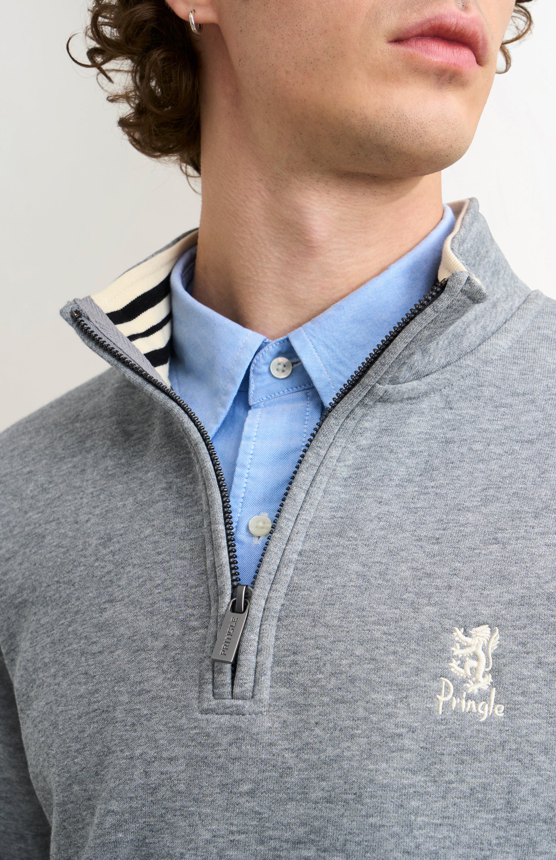 Pringle of Scotland Men's Qtr Zip Track Jumper In Grey Melange embroidered lion logo detail