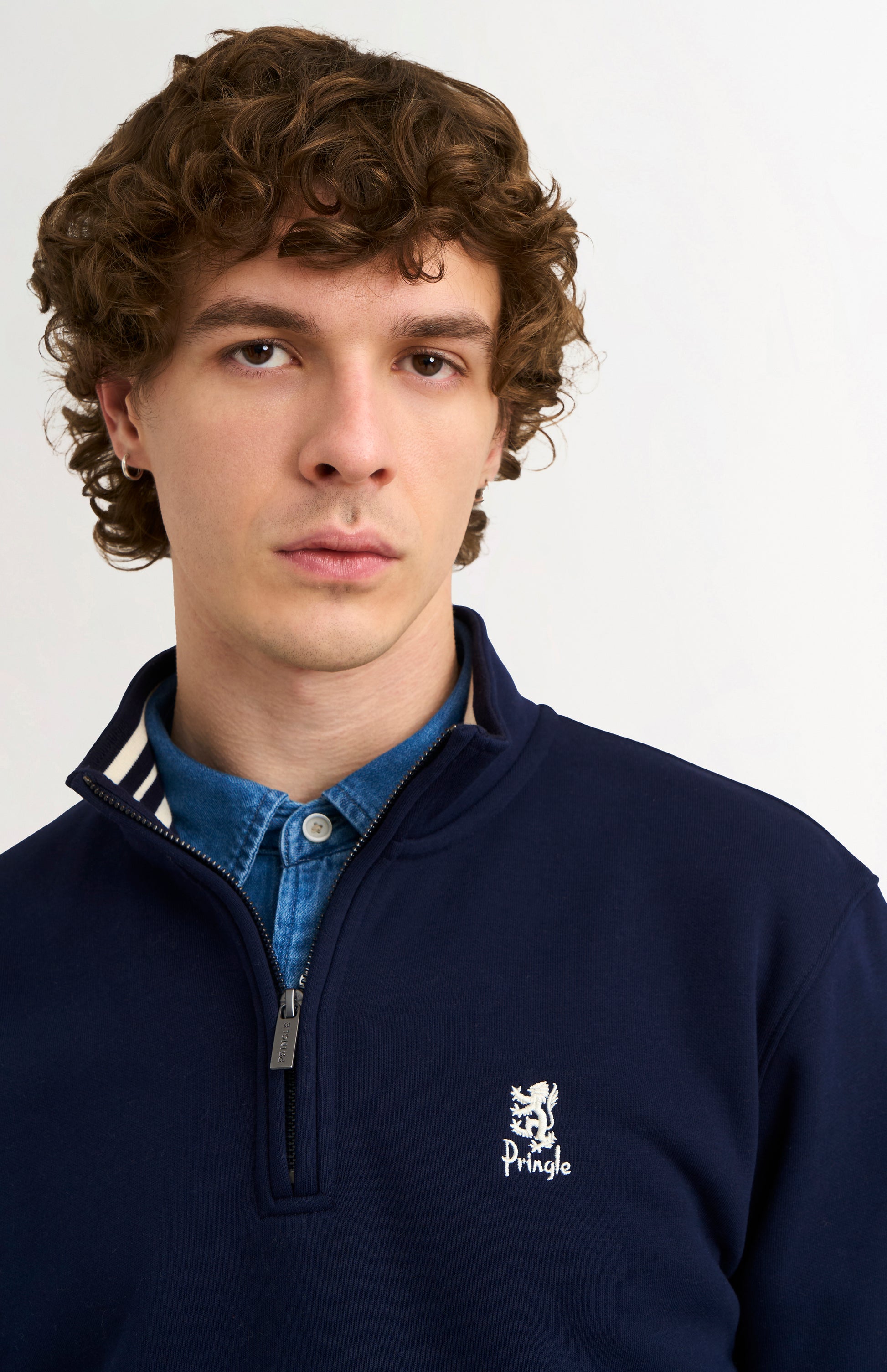 Pringle of Scotland Men's Qtr Zip Track Jumper In Navy Blue collar and zip detail