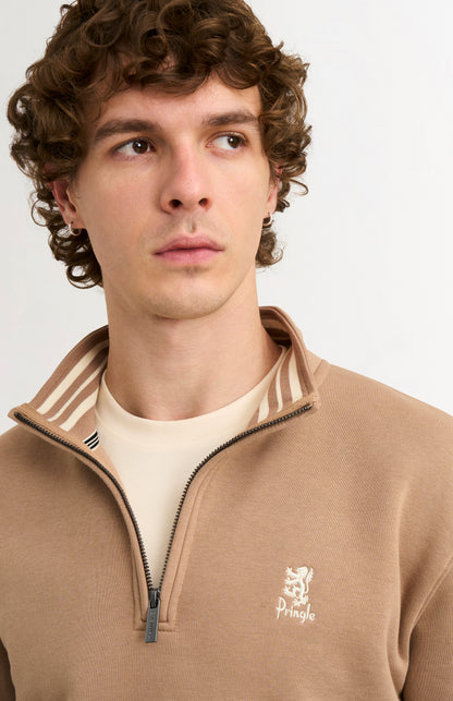 Pringle of Scotland Men's Qtr Zip Track Jumper In Mushroom collar and zip detail