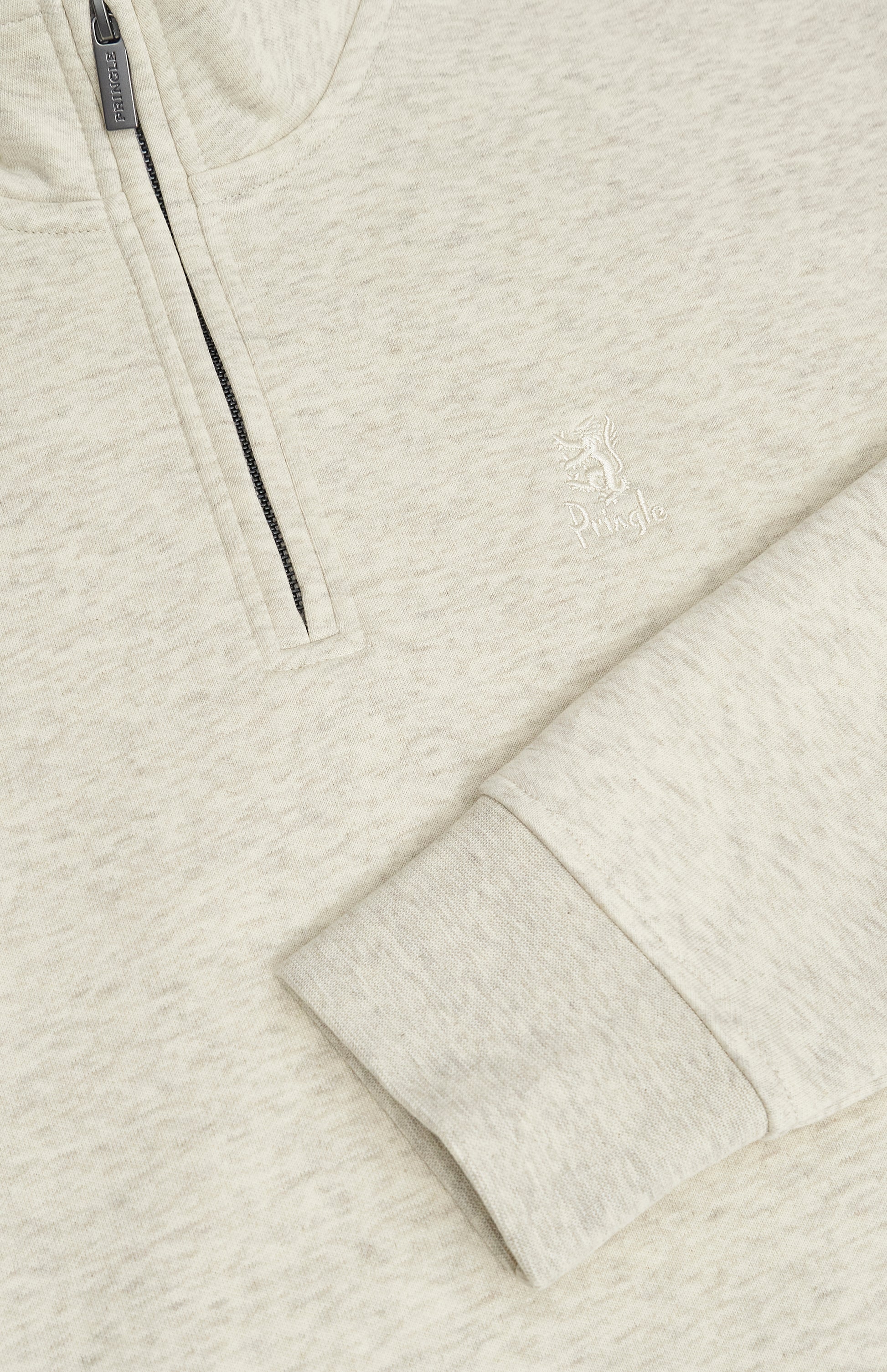 Pringle of Scotland Men's Qtr Zip Track Jumper In Ecru Beige Melange zip detail
