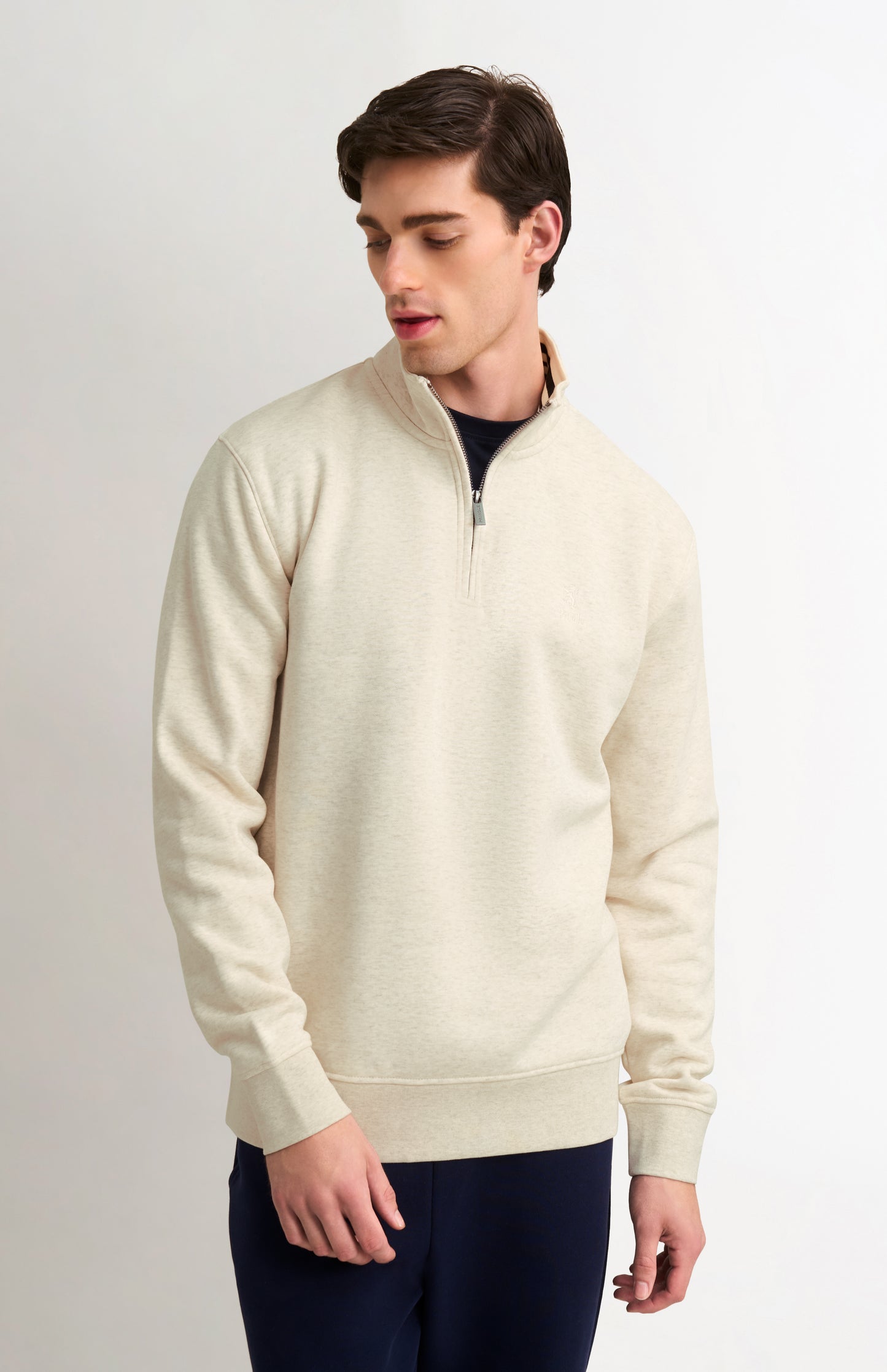 Men's Quarter Zip Track Jumper In Ecru Beige Melange