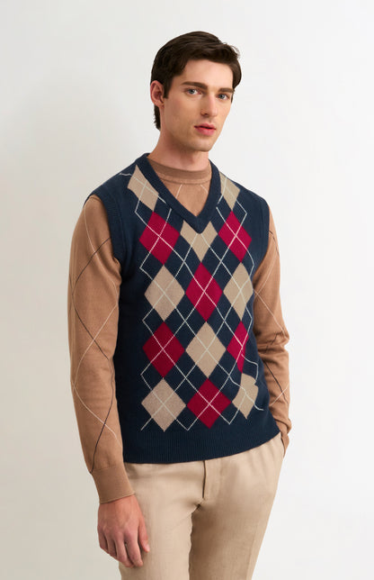Men's Supersoft Lambswool Argyle V-neck Vest In Navy
