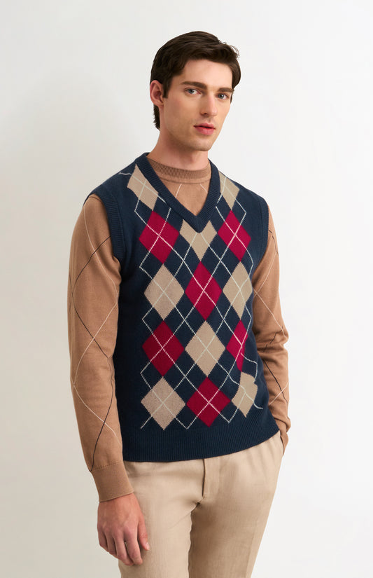 Men's Supersoft Lambswool Argyle V-neck Vest In Navy