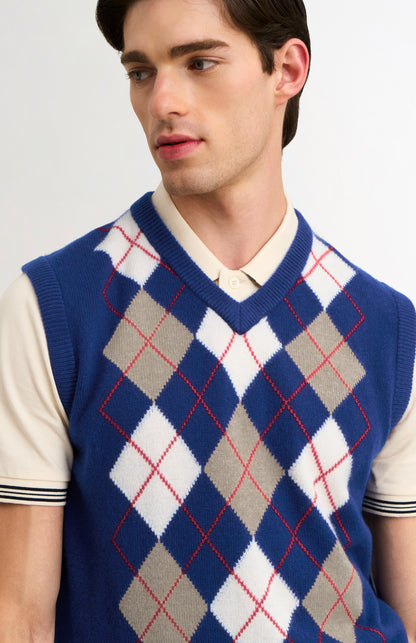 Men's Supersoft Lambswool Argyle V-neck Vest In Royal Blue
