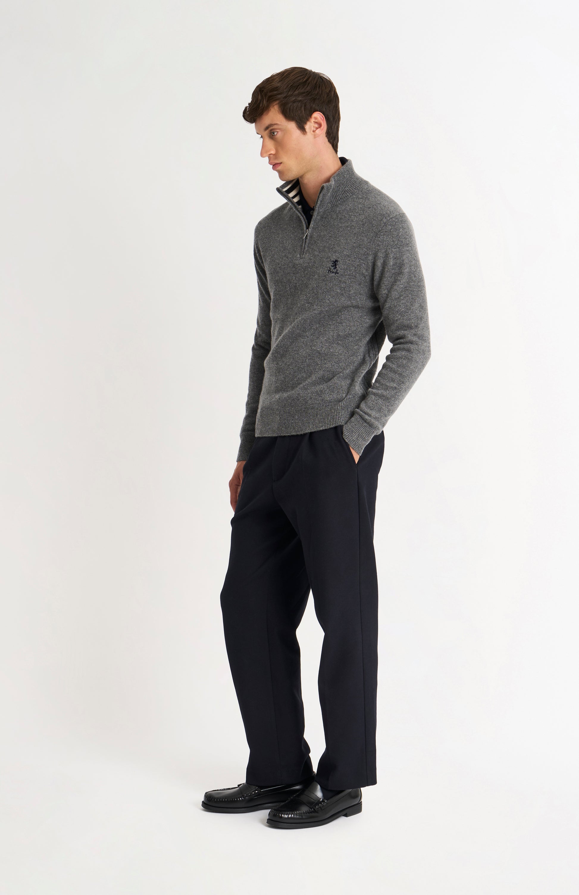 Pringle of Scotland Men’s Lambswool Qtr Zip Jumper In Grey Melange on standing model