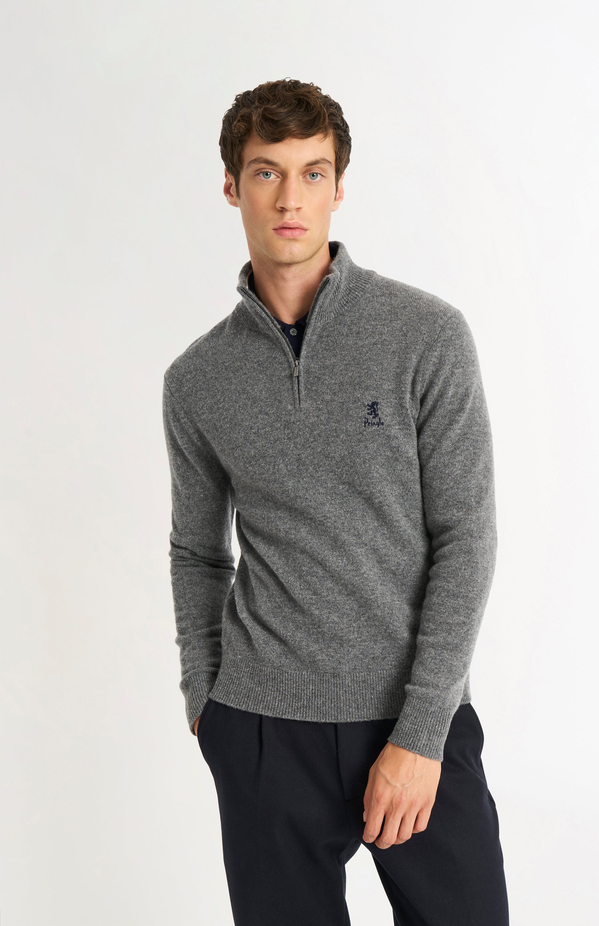 Pringle of Scotland Men’s Lambswool Qtr Zip Jumper In Grey Melange on model