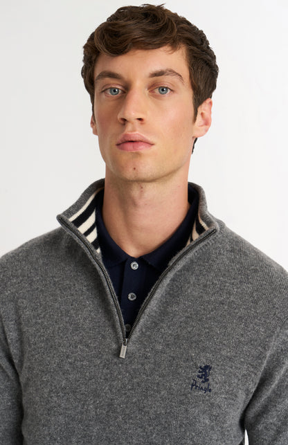 Pringle of Scotland Men’s Lambswool Qtr Zip Jumper In Grey Melange showing neck detail
