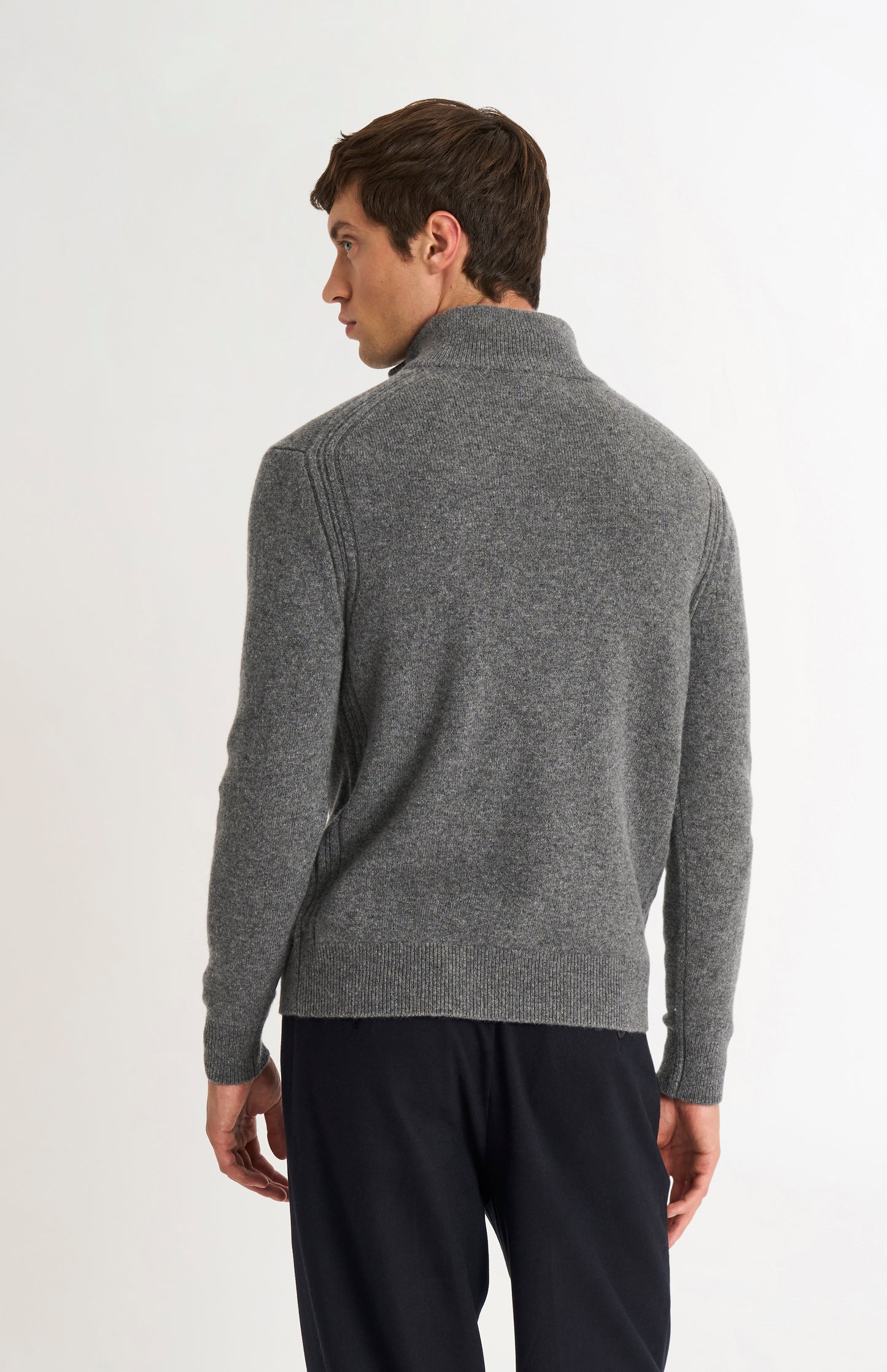 Pringle of Scotland Men’s Lambswool Qtr Zip Jumper In Grey Melange rear view