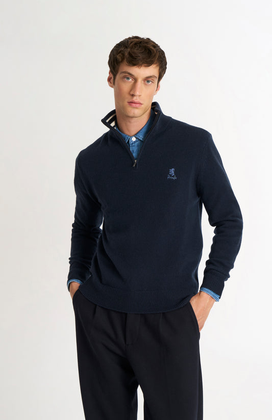 Pringle of Scotland Men’s Lambswool Qtr Zip Jumper In Navy Blue on model