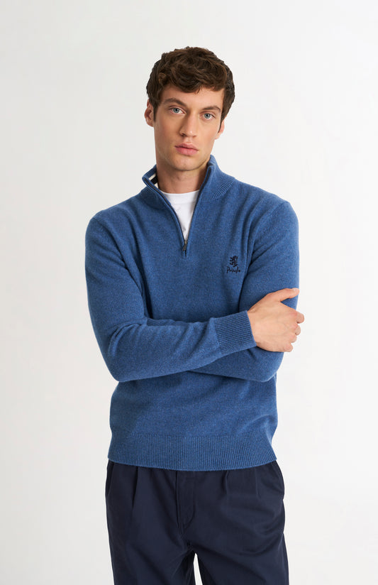 Pringle of Scotland Men’s Lambswool Qtr Zip Jumper In Bering Sea Blue on model