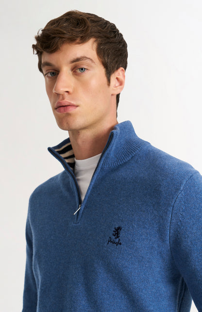 Pringle of Scotland Men’s Lambswool Qtr Zip Jumper In Bering Sea Blue showing zip neck