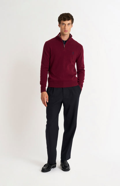 Pringle of Scotland Men’s Lambswool Qtr Zip Jumper In Burgundy on standing model