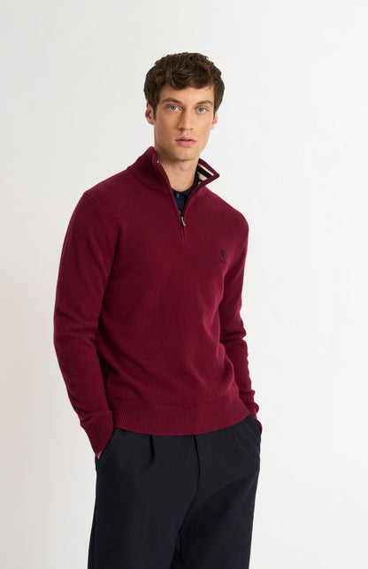 Pringle of Scotland Men’s Lambswool Qtr Zip Jumper In Burgundy on model