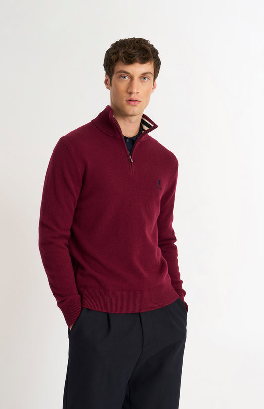 Pringle of Scotland Men’s Lambswool Qtr Zip Jumper In Burgundy on model