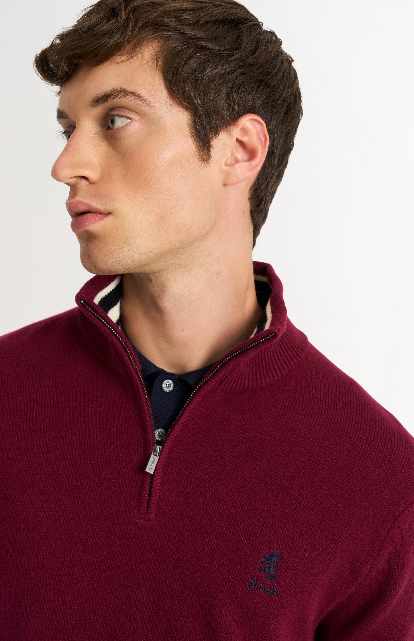Pringle of Scotland Men’s Lambswool Qtr Zip Jumper In Burgundy showing zip neck detail