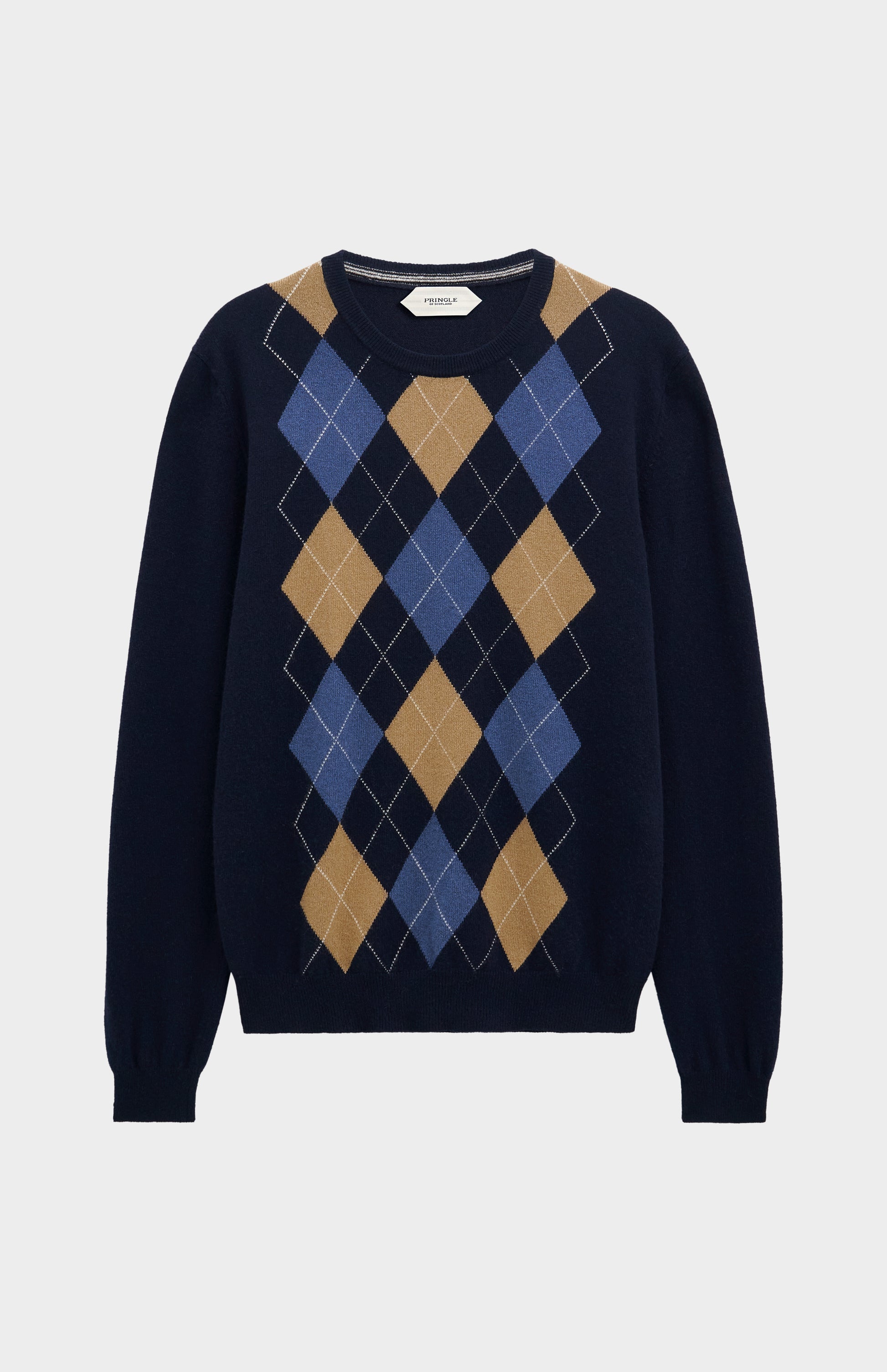 Pringle Men's Crew Neck Cashmere Argyle Jumper in Navy, Camel & Blue flat shot