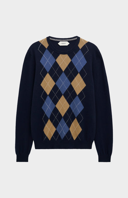 Pringle Men's Crew Neck Cashmere Argyle Jumper in Navy, Camel & Blue flat shot