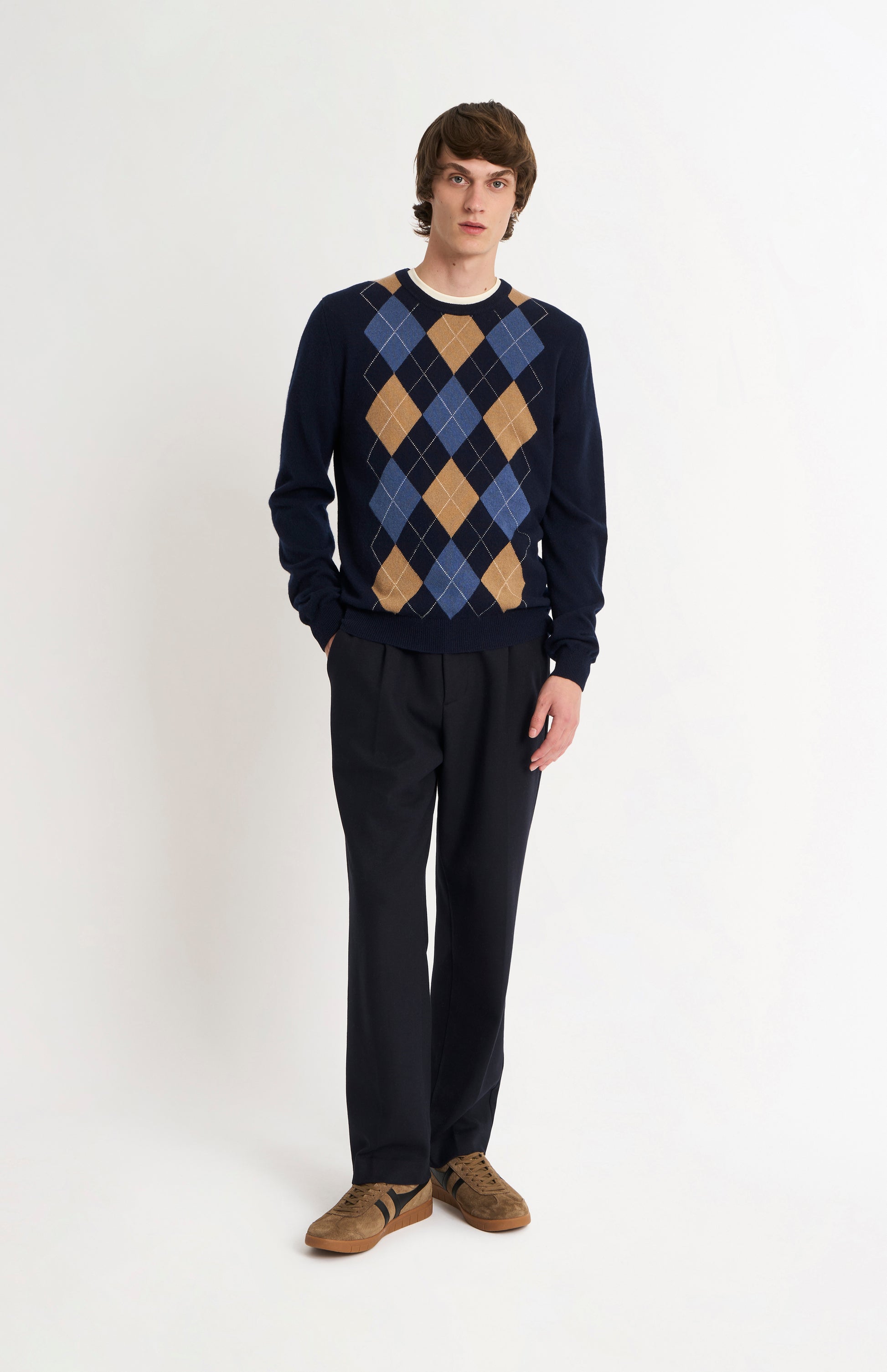 Pringle Men's Crew Neck Cashmere Argyle Jumper in Navy, Camel & Blue on model full length