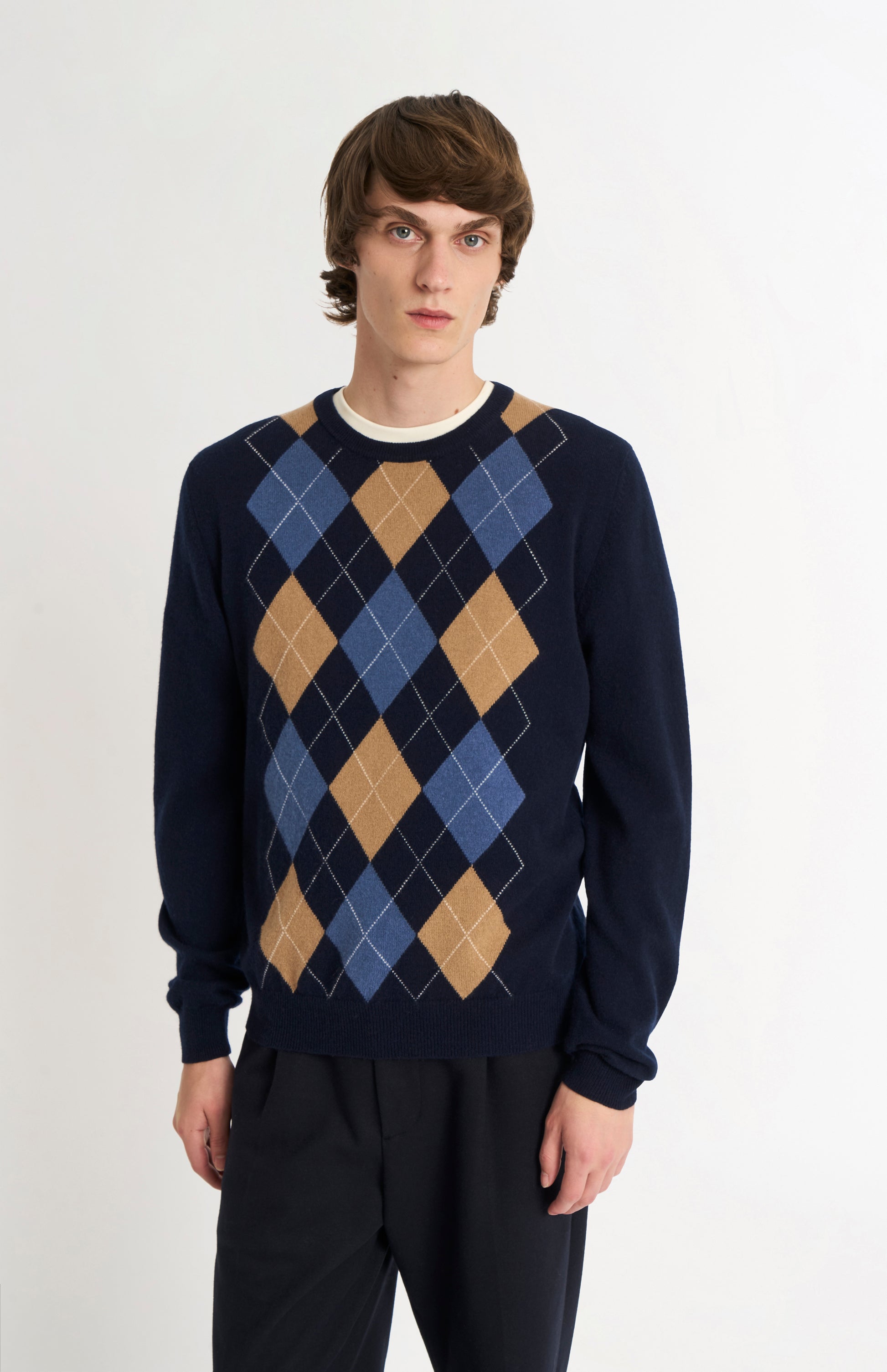 Pringle Men's Crew Neck Cashmere Argyle Jumper in Navy, Camel & Blue