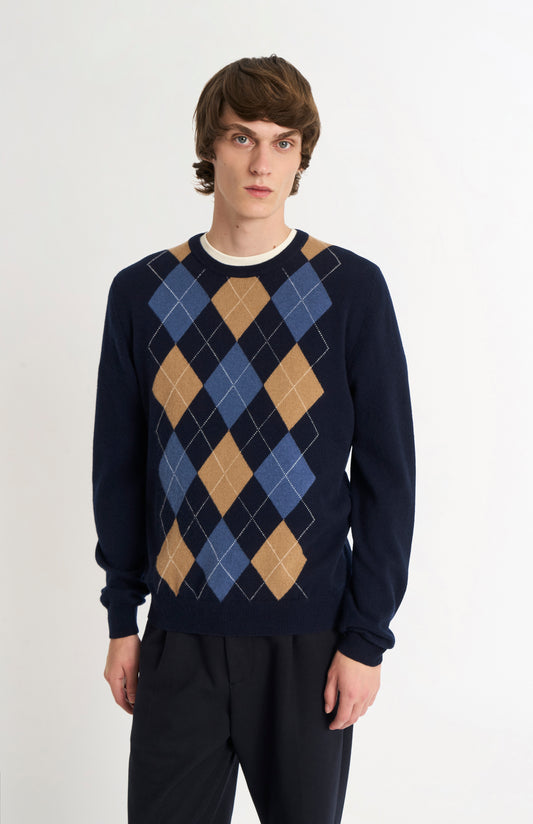 Pringle Men's Crew Neck Cashmere Argyle Jumper in Navy, Camel & Blue