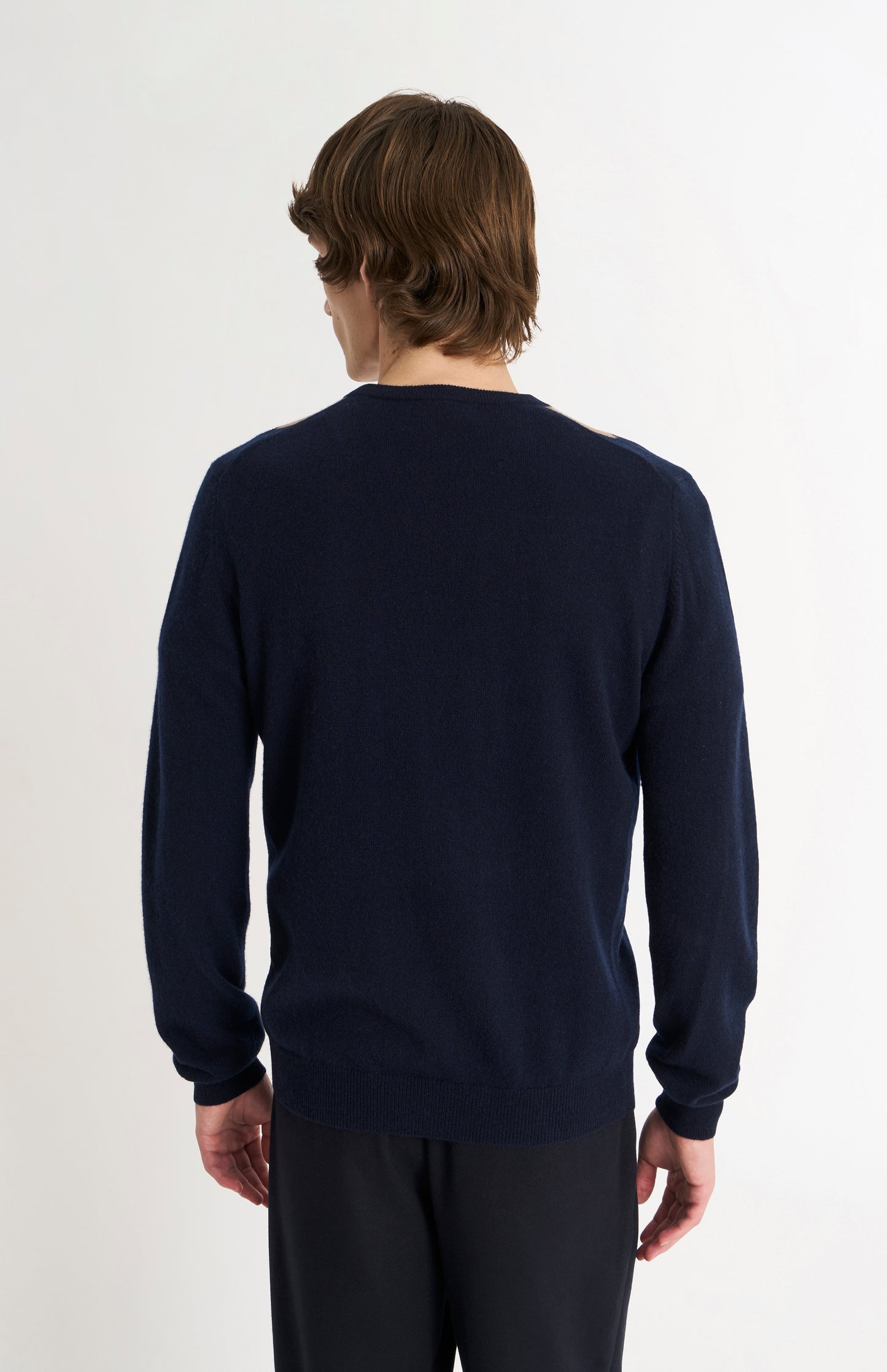 Pringle Men's Crew Neck Cashmere Argyle Jumper in Navy, Camel & Blue rear view
