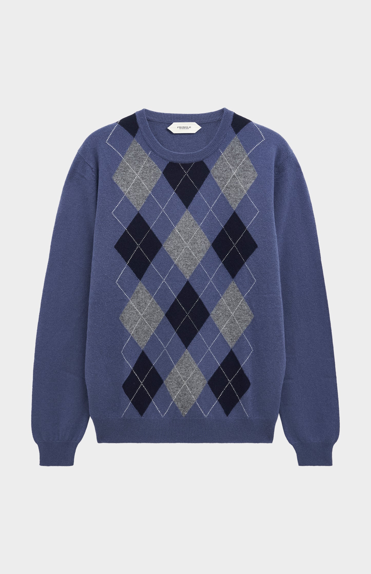 Pringle Men's Crew Neck Cashmere Argyle Jumper in Blue, Navy & Grey flat shot
