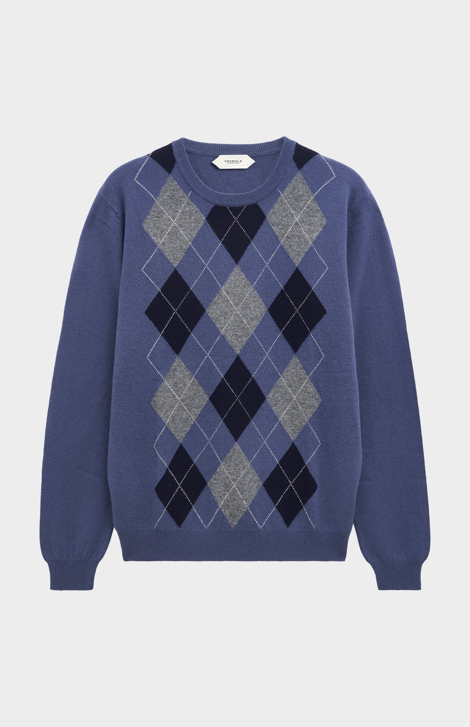 Pringle Men's Crew Neck Cashmere Argyle Jumper in Blue, Navy & Grey flat shot