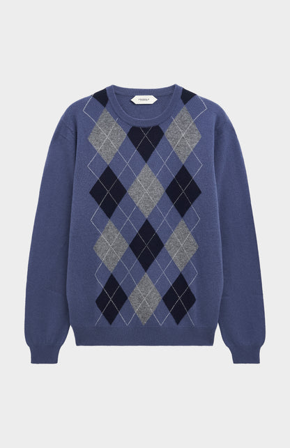 Pringle Men's Crew Neck Cashmere Argyle Jumper in Blue, Navy & Grey flat shot