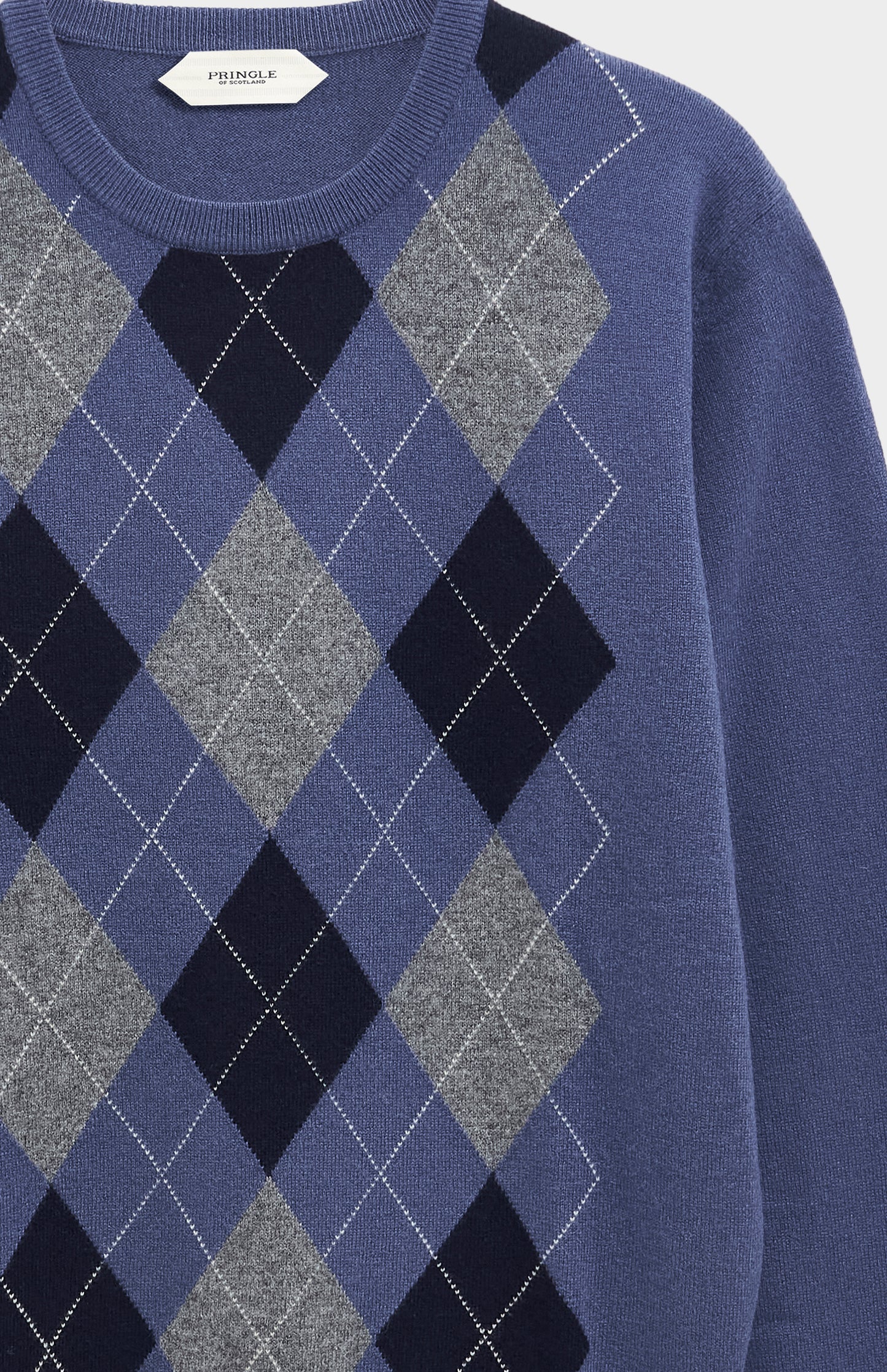 Pringle Men's Crew Neck Cashmere Argyle Jumper in Blue, Navy & Grey neck detail