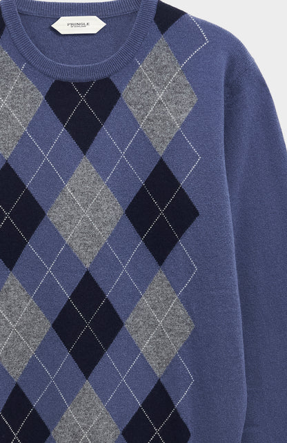 Pringle Men's Crew Neck Cashmere Argyle Jumper in Blue, Navy & Grey neck detail