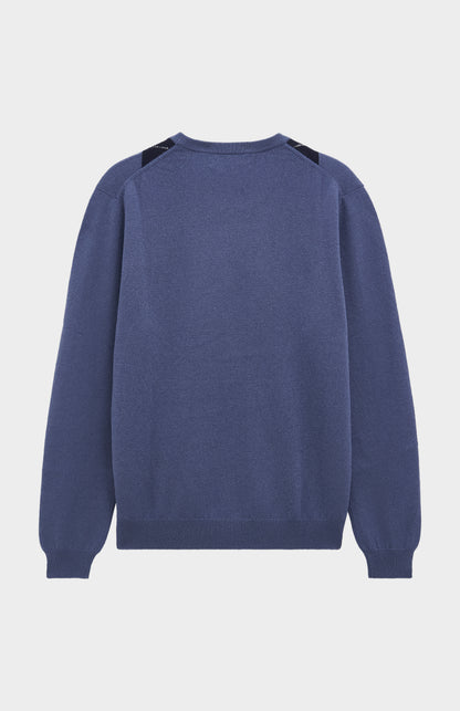 Pringle Men's Crew Neck Cashmere Argyle Jumper in Blue, Navy & Grey rear flat shot