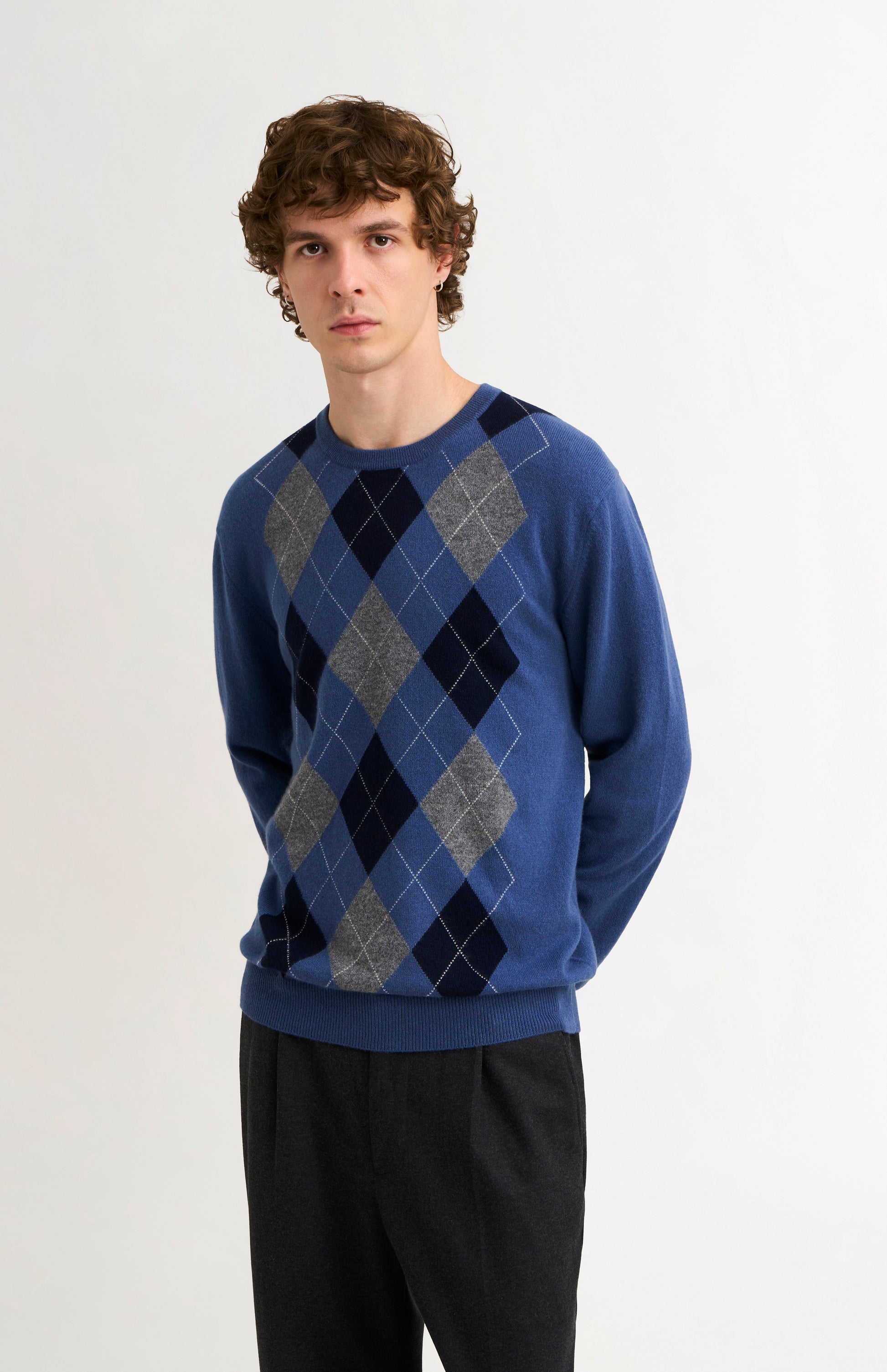 Pringle Men's Crew Neck Cashmere Argyle Jumper in Blue, Navy & Grey on model