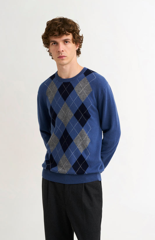 Pringle Men's Crew Neck Cashmere Argyle Jumper in Blue, Navy & Grey on model