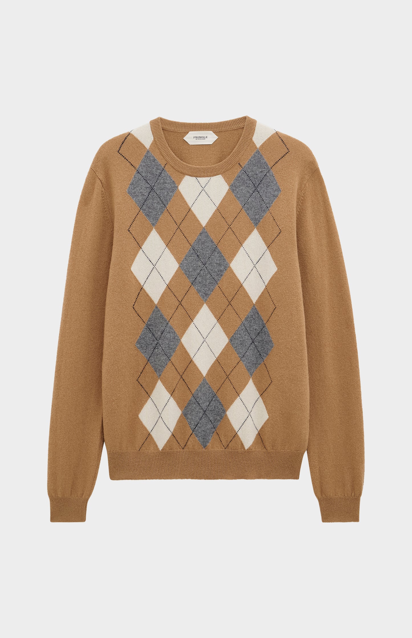 Pringle Men's Crew Neck Cashmere Argyle Jumper in Camel, Ecru & Grey flat shot
