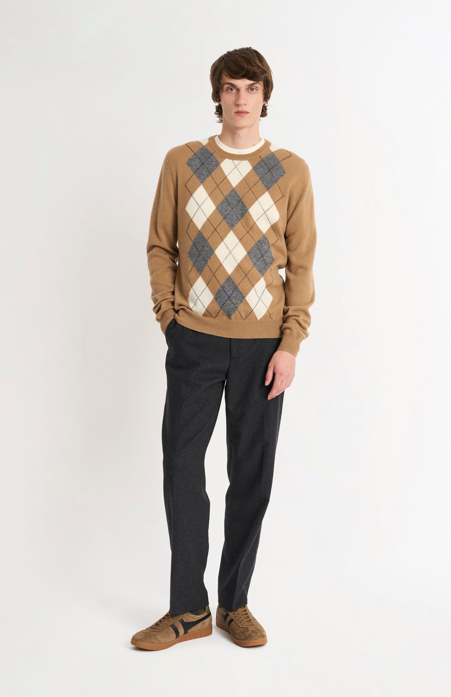 Pringle Men's Crew Neck Cashmere Argyle Jumper in Camel, Ecru & Grey on model full length