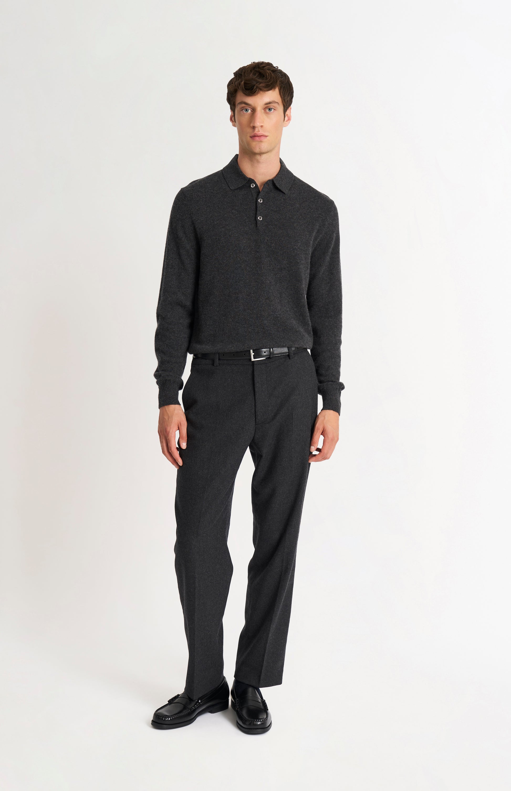 Pringle of Scotland Men’s Cashmere Polo Shirt Jumper In Charcoal on standing model