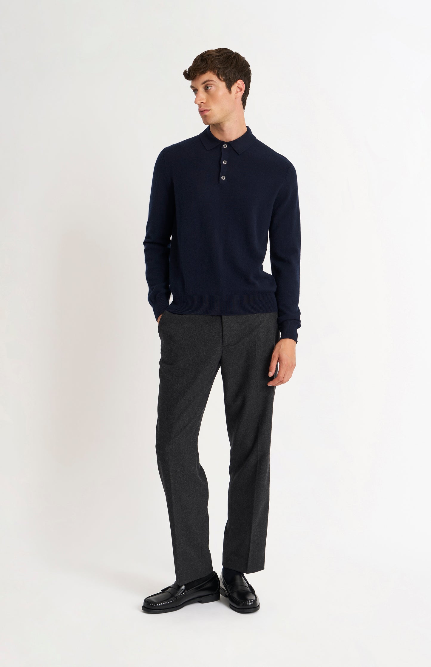Pringle of Scotland Men’s Cashmere Polo Neck Jumper In Navy Blue on standing model