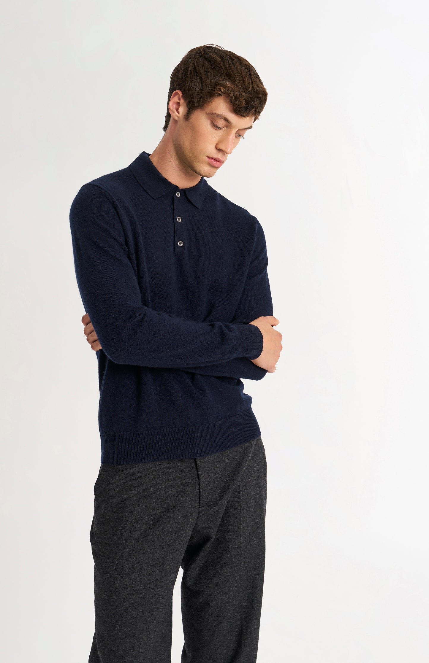 Pringle of Scotland Men’s Cashmere Polo Neck Jumper In Navy Blue on model