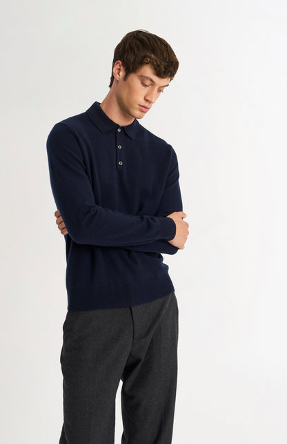 Pringle of Scotland Men’s Cashmere Polo Neck Jumper In Navy Blue on model