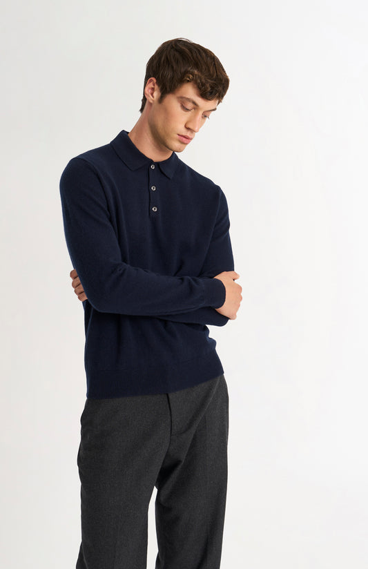 Pringle of Scotland Men’s Cashmere Polo Neck Jumper In Navy Blue on model