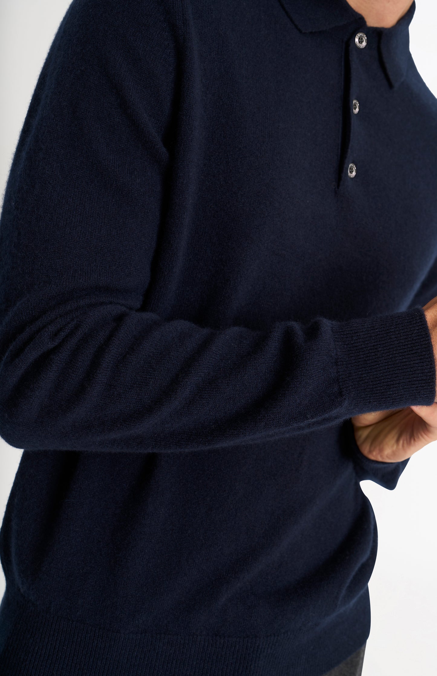 Pringle of Scotland Men’s Cashmere Polo Neck Jumper In Navy Blue showing button detail