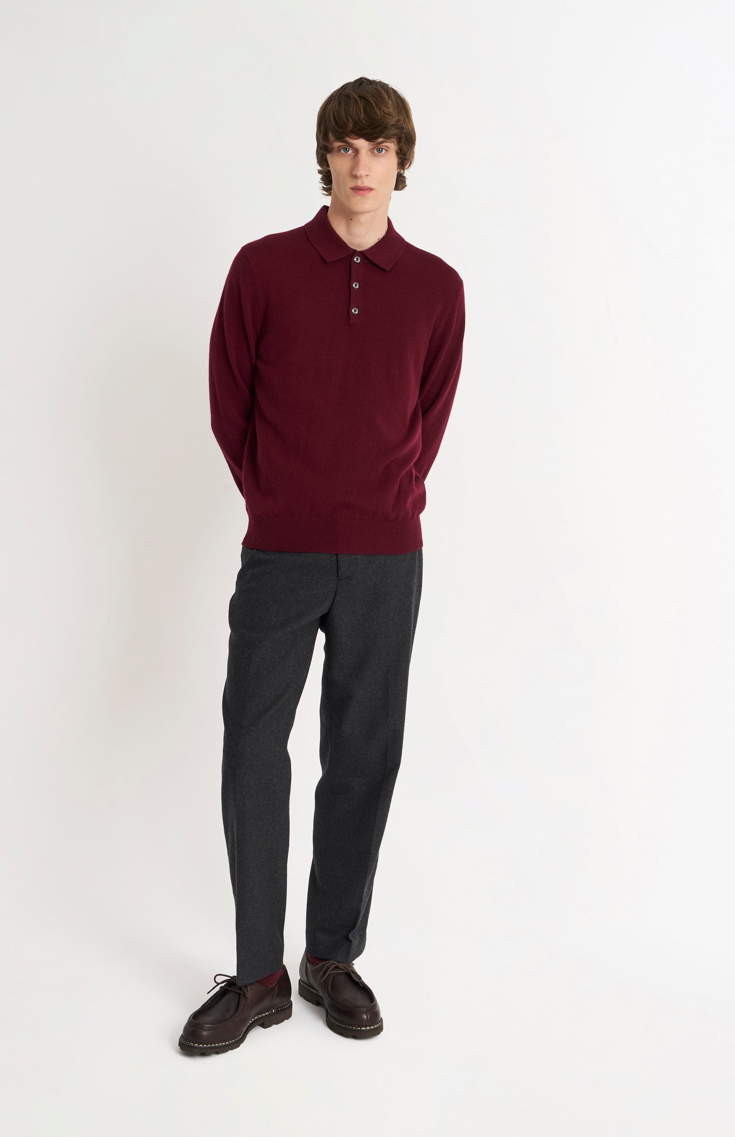 Pringle of Scotland Men’s Cashmere Polo Shirt Jumper In Burgundy on standing model