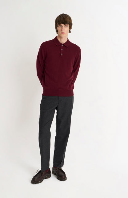 Pringle of Scotland Men’s Cashmere Polo Shirt Jumper In Burgundy on standing model